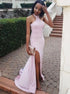 Pearl Pink Sheath Jewel Open Back Prom Dress with Split LBQ0089